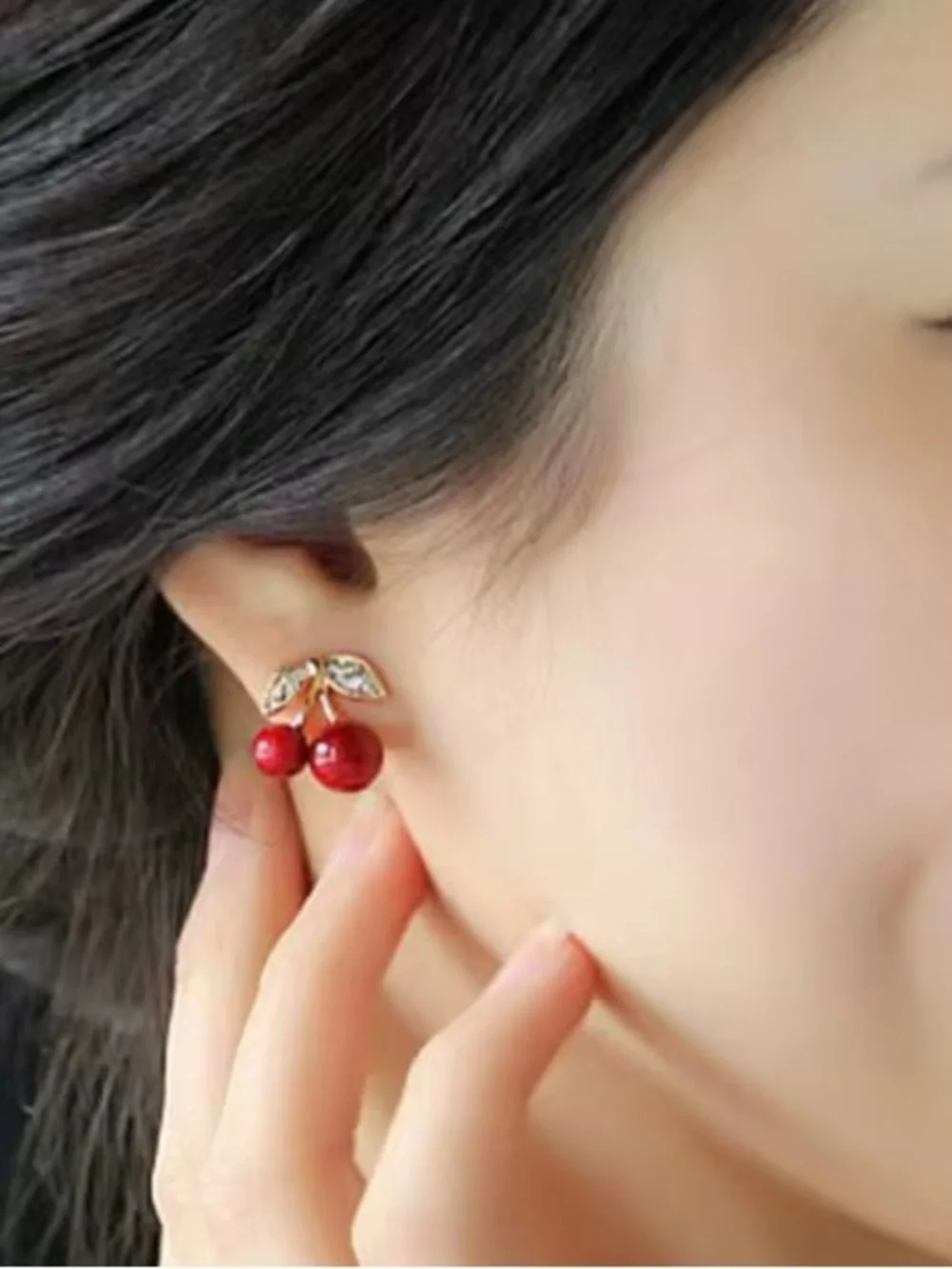 ***Dainty Gold-Tone Red Cherry Rhinestone Stud Earrings - Elegant Women Jewelry